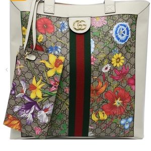 Gucci Ophidia GG Flora Canvas White Leather Vertical Shopping Tote